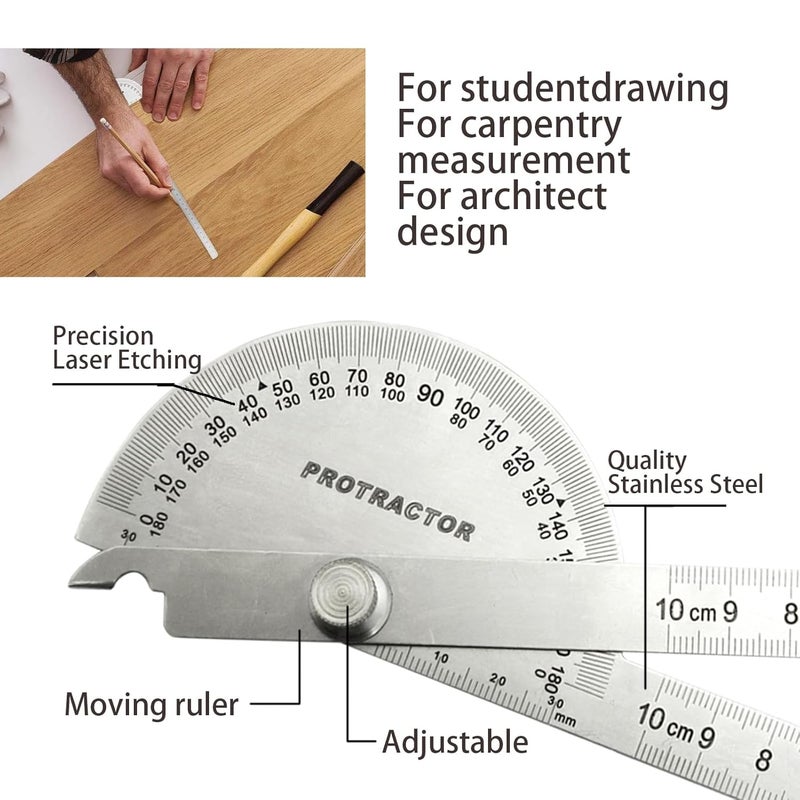 NORTOOLS Stainless Steel Angle Protractor -180° Two Arm Ruler Adjustable Finder Angle Protractor Ruler Woodworking Machinist Measure Tools((10 cm/ 3.94 Inch) - Image 4